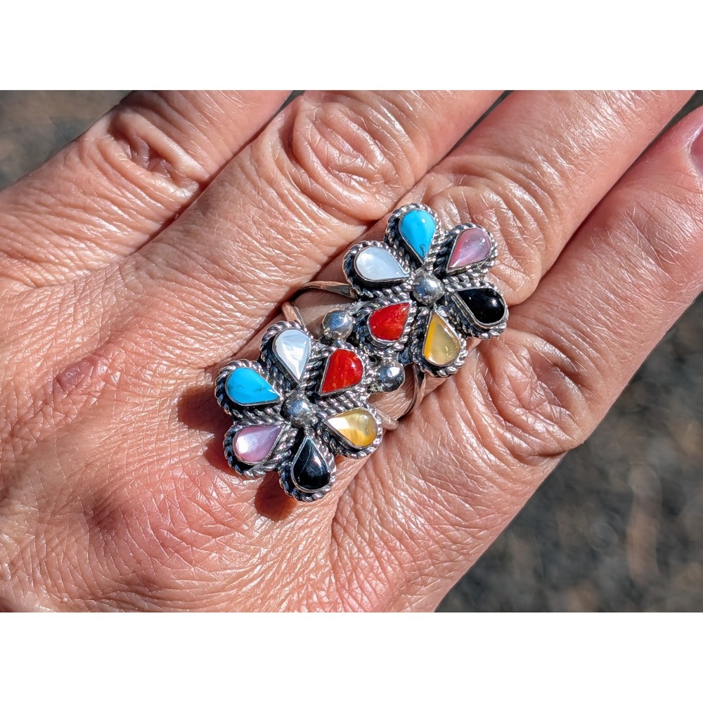 Handmade Zuni Twin Flower Ring by Carol Lateyice Sterling Silver Multi Stone 8